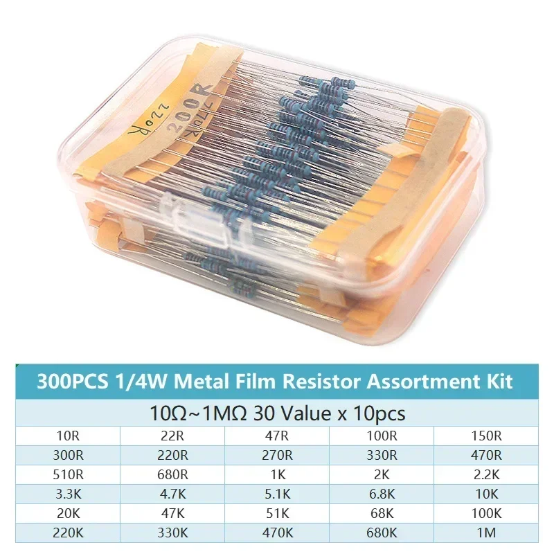 Resistor Kit 1 4W - 300/600 шт., 30 значений, 1/4 Вт,