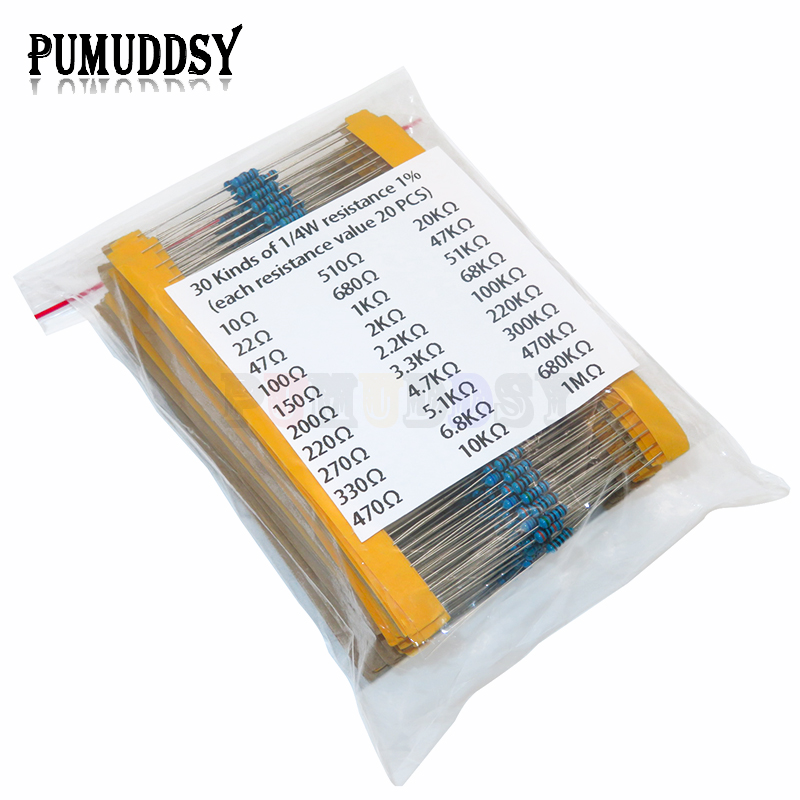 Resistor Kit 1 4W - 600 шт./компл., 30 видов, сопротивление 1/4